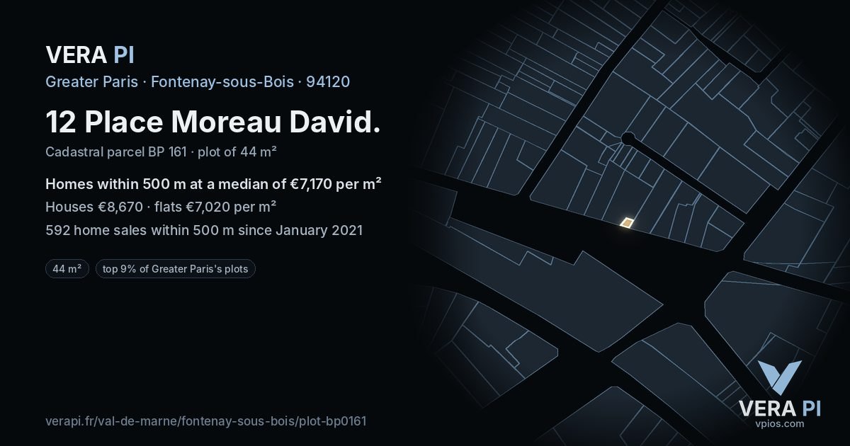 12 Place Moreau David, Fontenay-sous-Bois at night – the plot lit, the parcels around coloured by the prices near them