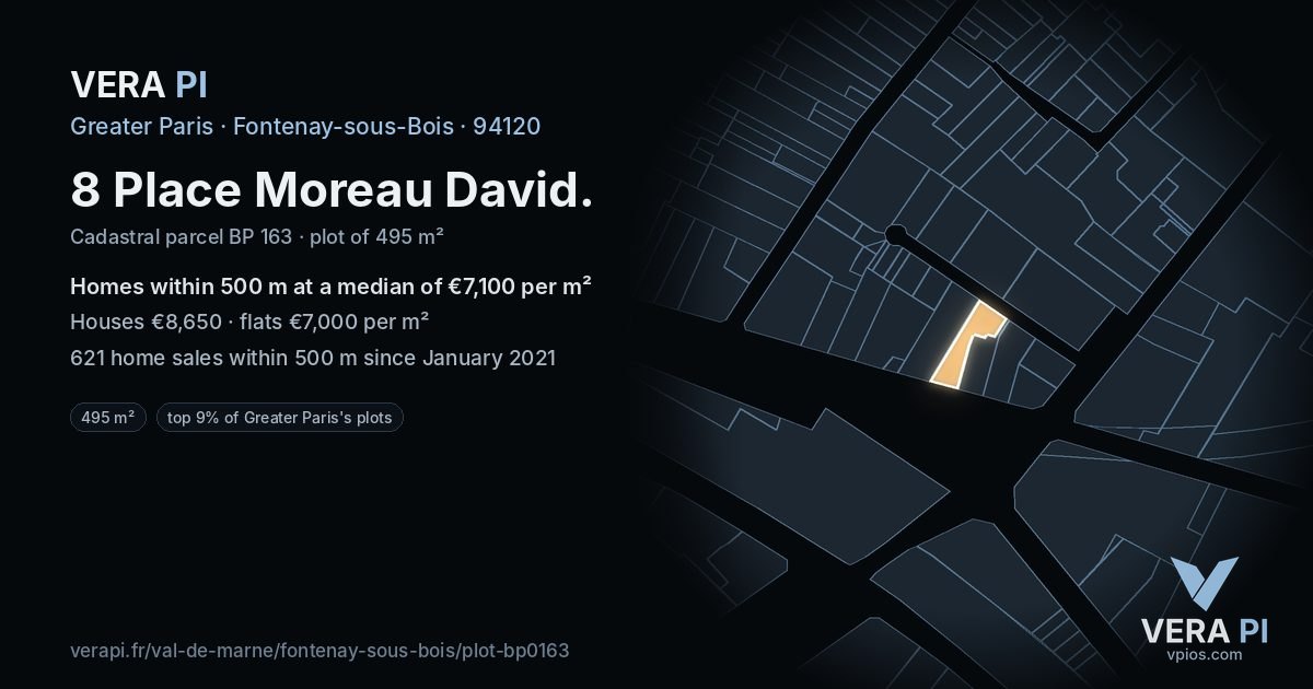 8 Place Moreau David, Fontenay-sous-Bois at night – the plot lit, the parcels around coloured by the prices near them
