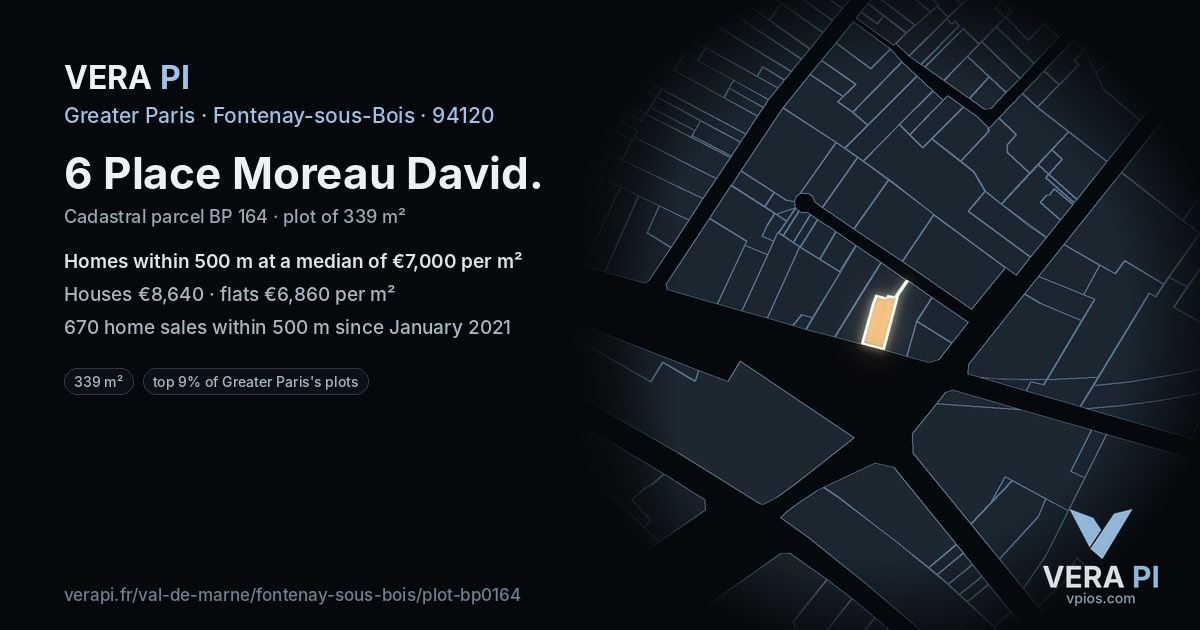 6 Place Moreau David, Fontenay-sous-Bois at night – the plot lit, the parcels around coloured by the prices near them