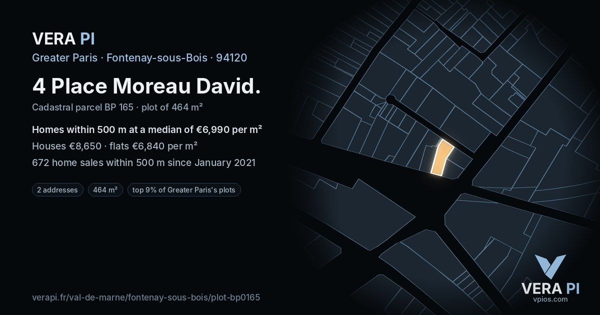 4 Place Moreau David, Fontenay-sous-Bois at night – the plot lit, the parcels around coloured by the prices near them