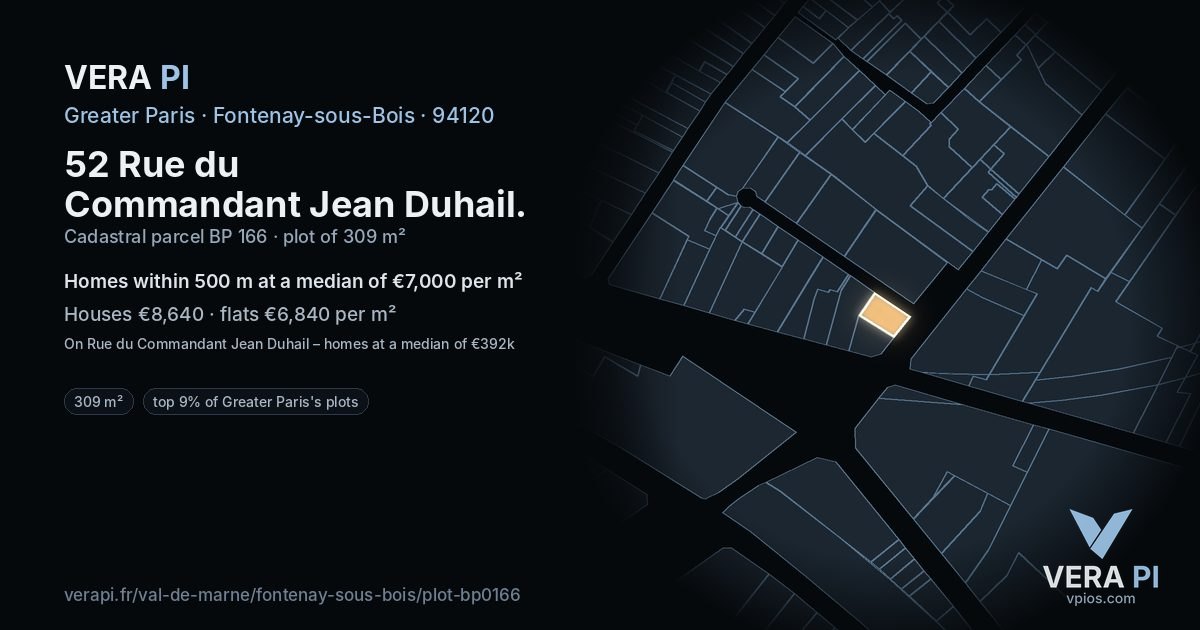 52 Rue du Commandant Jean Duhail, Fontenay-sous-Bois at night – the plot lit, the parcels around coloured by the prices near them
