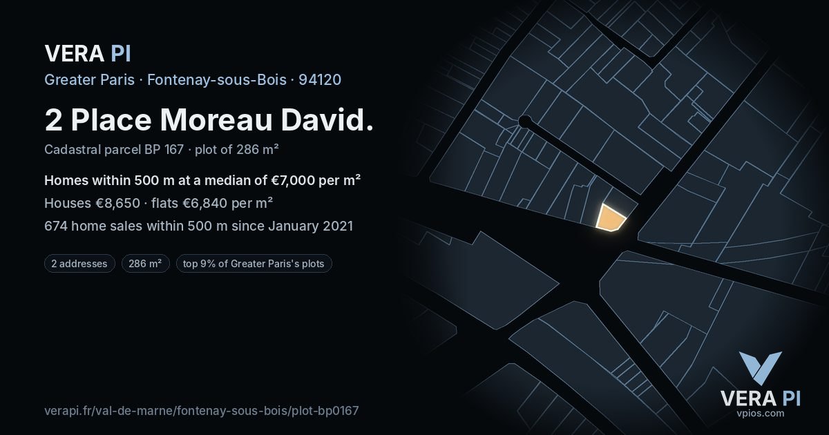 2 Place Moreau David, Fontenay-sous-Bois at night – the plot lit, the parcels around coloured by the prices near them
