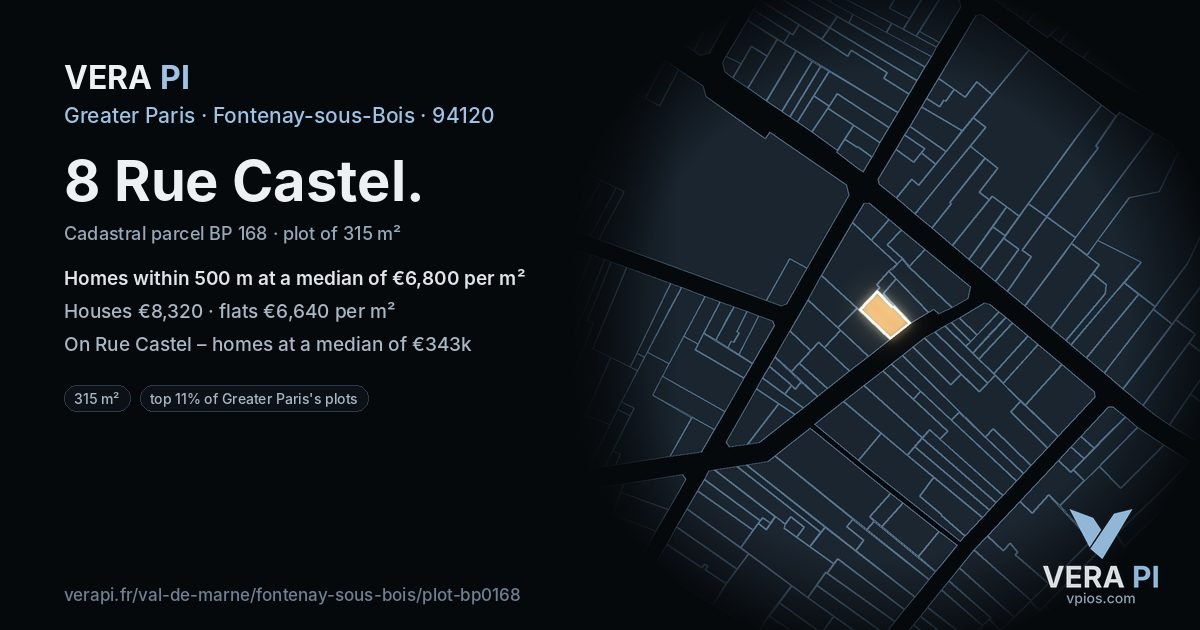 8 Rue Castel, Fontenay-sous-Bois at night – the plot lit, the parcels around coloured by the prices near them