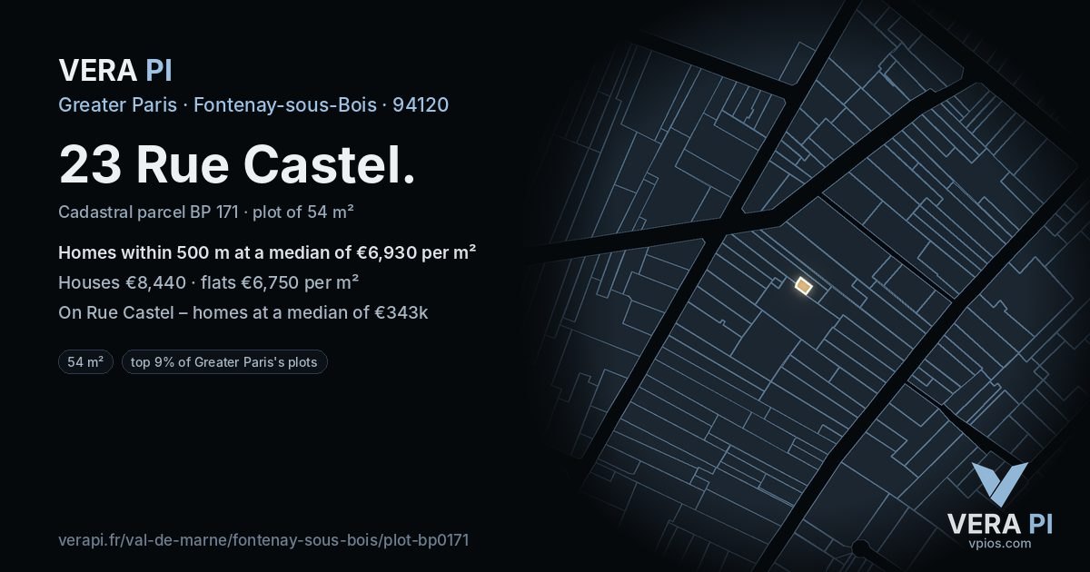 23 Rue Castel, Fontenay-sous-Bois at night – the plot lit, the parcels around coloured by the prices near them