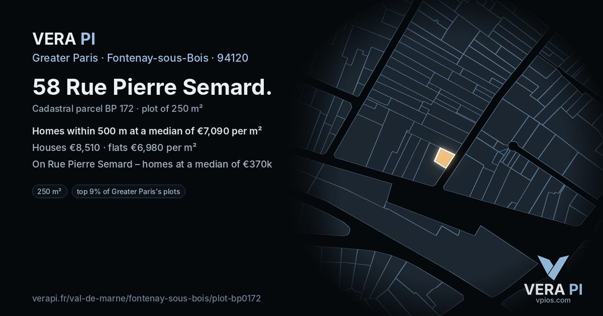 58 Rue Pierre Semard, Fontenay-sous-Bois at night – the plot lit, the parcels around coloured by the prices near them