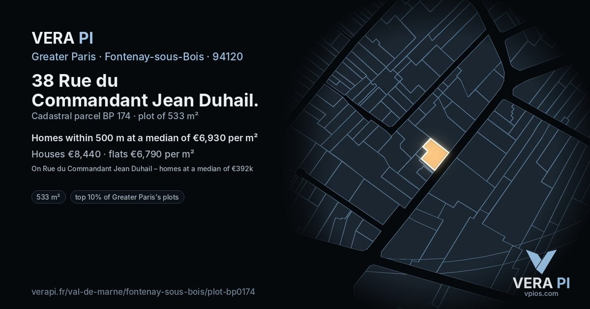 38 Rue du Commandant Jean Duhail, Fontenay-sous-Bois at night – the plot lit, the parcels around coloured by the prices near them