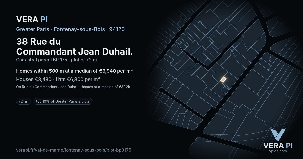 38 Rue du Commandant Jean Duhail, Fontenay-sous-Bois at night – the plot lit, the parcels around coloured by the prices near them