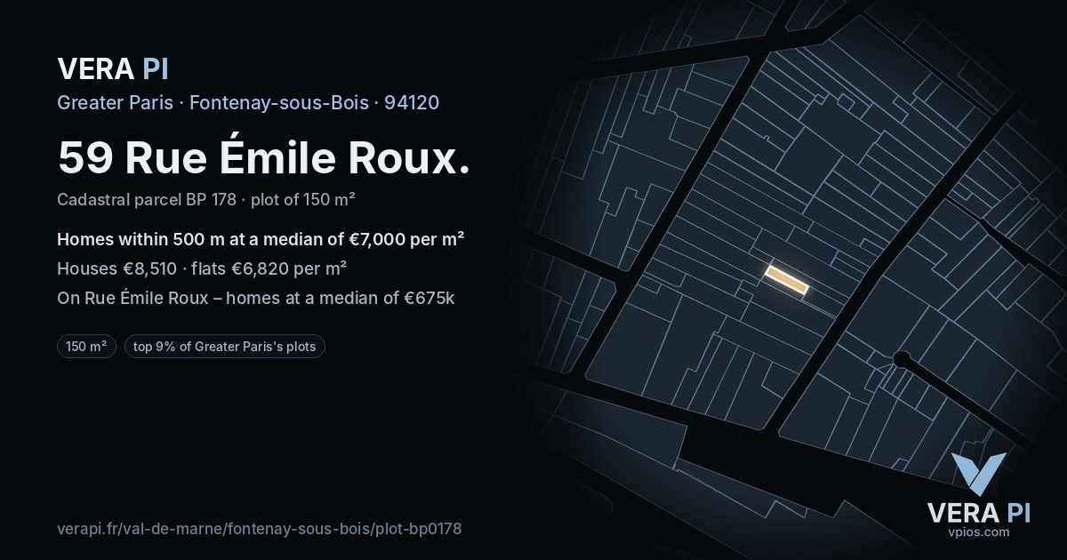 59 Rue Émile Roux, Fontenay-sous-Bois at night – the plot lit, the parcels around coloured by the prices near them