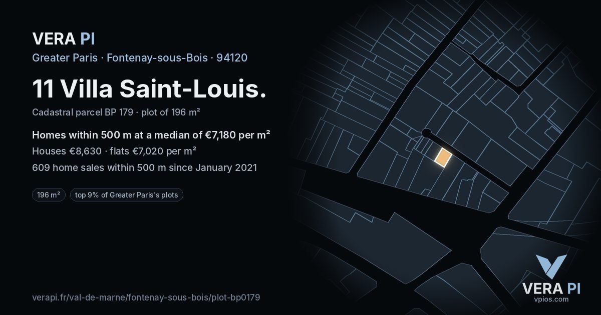 11 Villa Saint-Louis, Fontenay-sous-Bois at night – the plot lit, the parcels around coloured by the prices near them