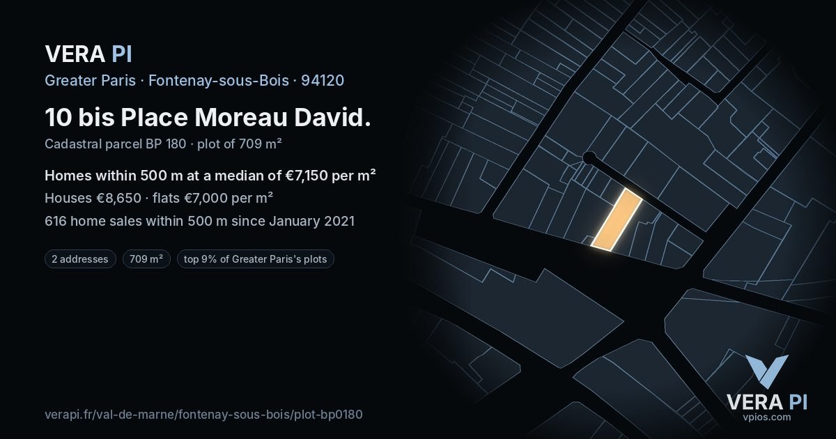 10 bis Place Moreau David, Fontenay-sous-Bois at night – the plot lit, the parcels around coloured by the prices near them