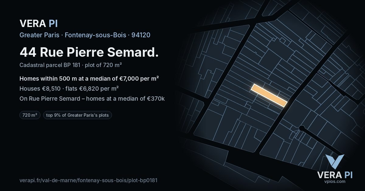 44 Rue Pierre Semard, Fontenay-sous-Bois at night – the plot lit, the parcels around coloured by the prices near them