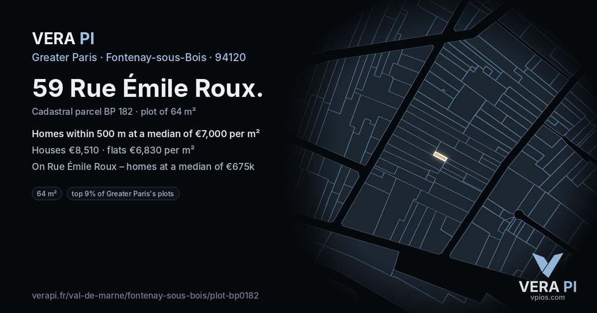 59 Rue Émile Roux, Fontenay-sous-Bois at night – the plot lit, the parcels around coloured by the prices near them