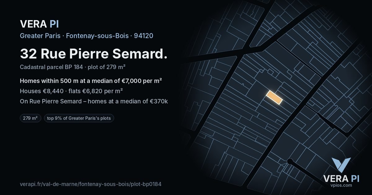 32 Rue Pierre Semard, Fontenay-sous-Bois at night – the plot lit, the parcels around coloured by the prices near them