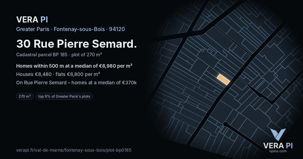 30 Rue Pierre Semard, Fontenay-sous-Bois at night – the plot lit, the parcels around coloured by the prices near them