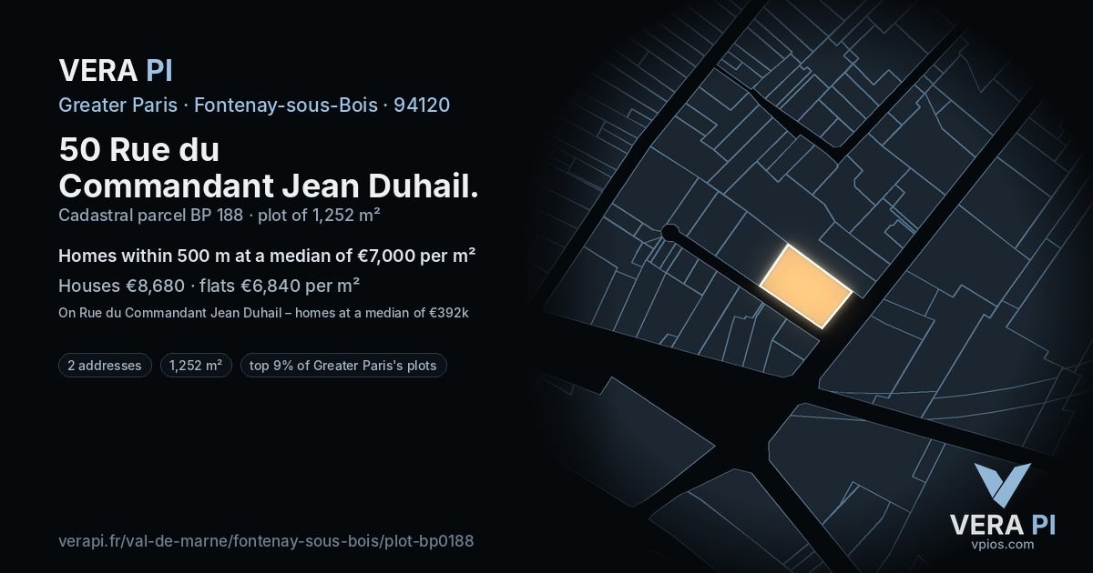 50 Rue du Commandant Jean Duhail, Fontenay-sous-Bois at night – the plot lit, the parcels around coloured by the prices near them