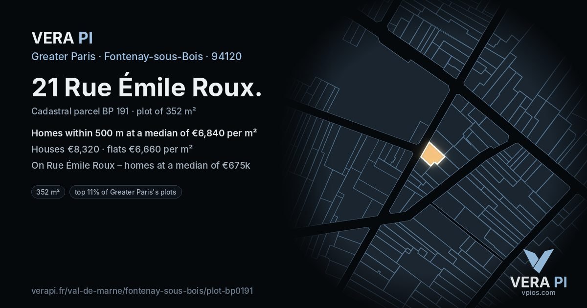 21 Rue Émile Roux, Fontenay-sous-Bois at night – the plot lit, the parcels around coloured by the prices near them