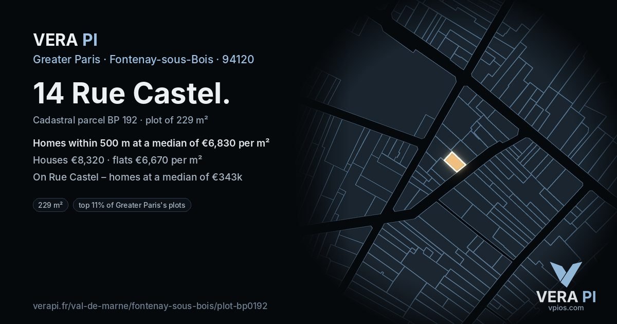 14 Rue Castel, Fontenay-sous-Bois at night – the plot lit, the parcels around coloured by the prices near them