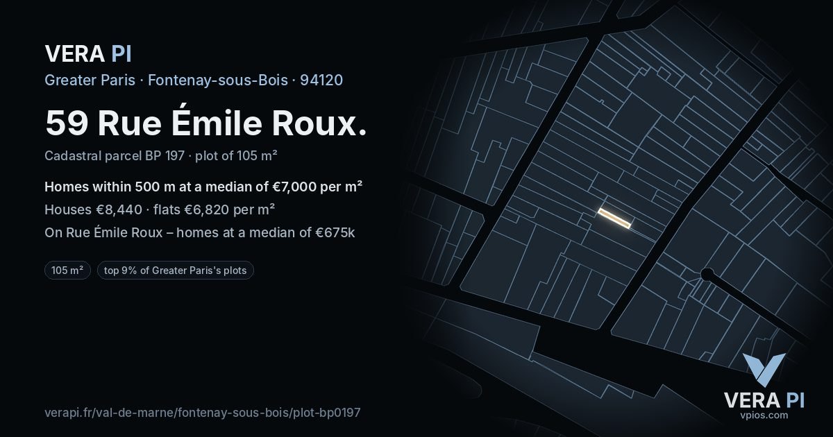 59 Rue Émile Roux, Fontenay-sous-Bois at night – the plot lit, the parcels around coloured by the prices near them