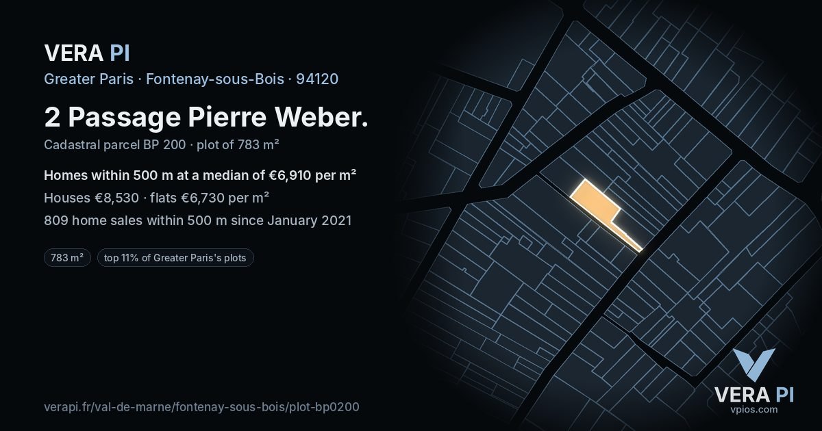 2 Passage Pierre Weber, Fontenay-sous-Bois at night – the plot lit, the parcels around coloured by the prices near them