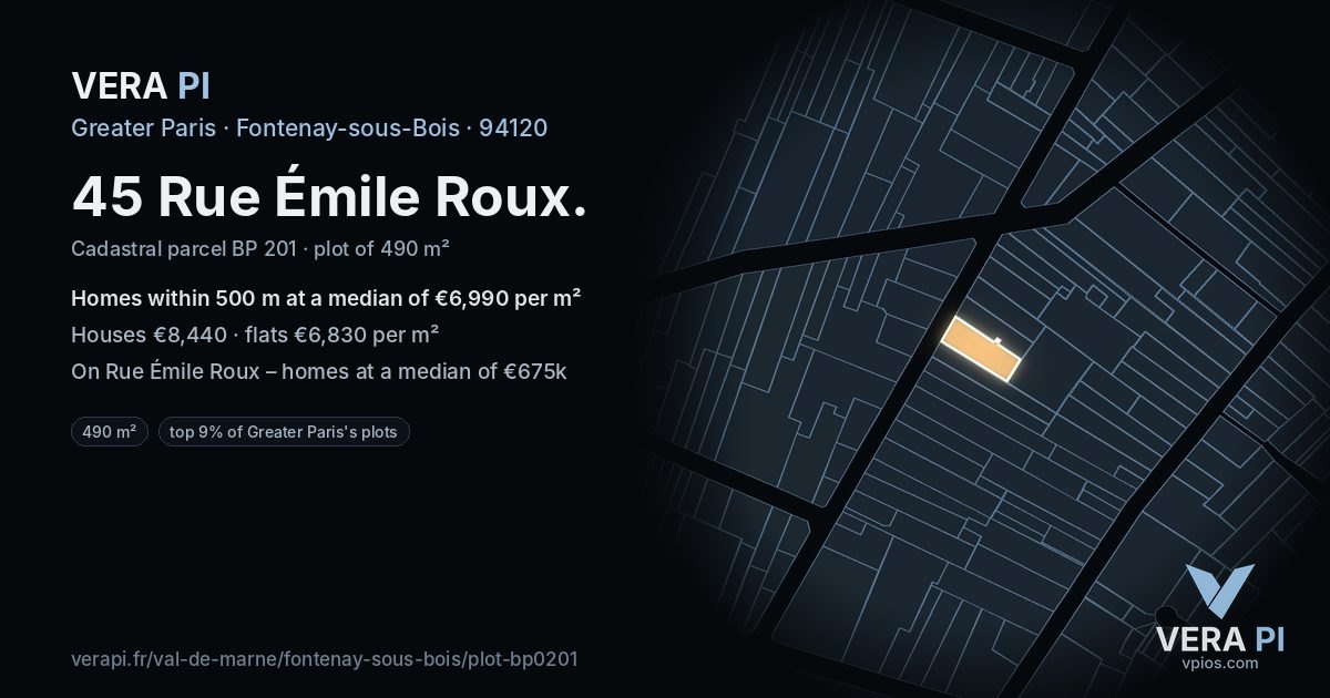 45 Rue Émile Roux, Fontenay-sous-Bois at night – the plot lit, the parcels around coloured by the prices near them