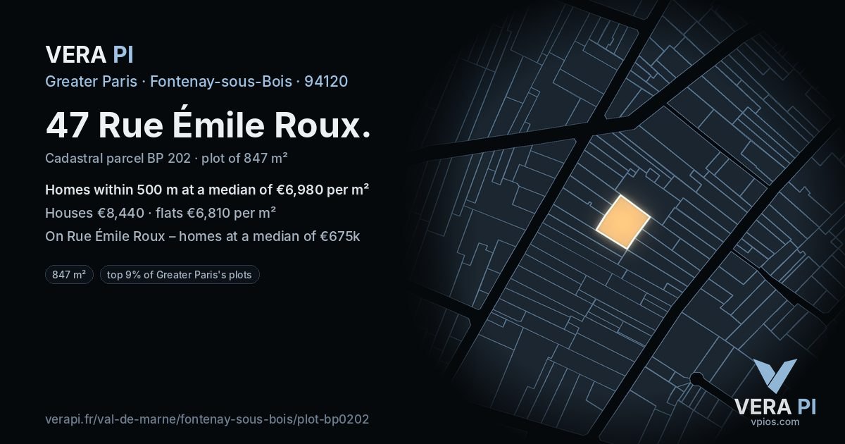 47 Rue Émile Roux, Fontenay-sous-Bois at night – the plot lit, the parcels around coloured by the prices near them