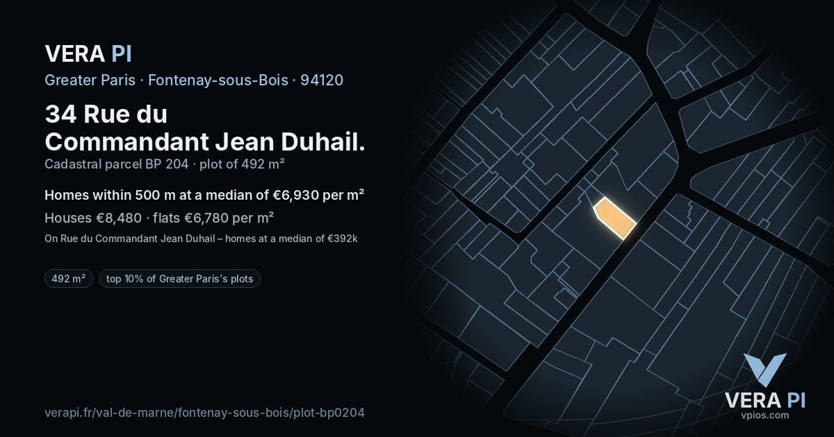 34 Rue du Commandant Jean Duhail, Fontenay-sous-Bois at night – the plot lit, the parcels around coloured by the prices near them