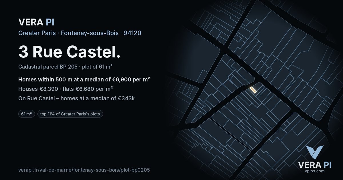 3 Rue Castel, Fontenay-sous-Bois at night – the plot lit, the parcels around coloured by the prices near them
