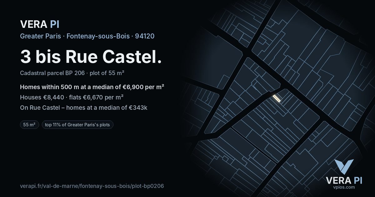 3 bis Rue Castel, Fontenay-sous-Bois at night – the plot lit, the parcels around coloured by the prices near them