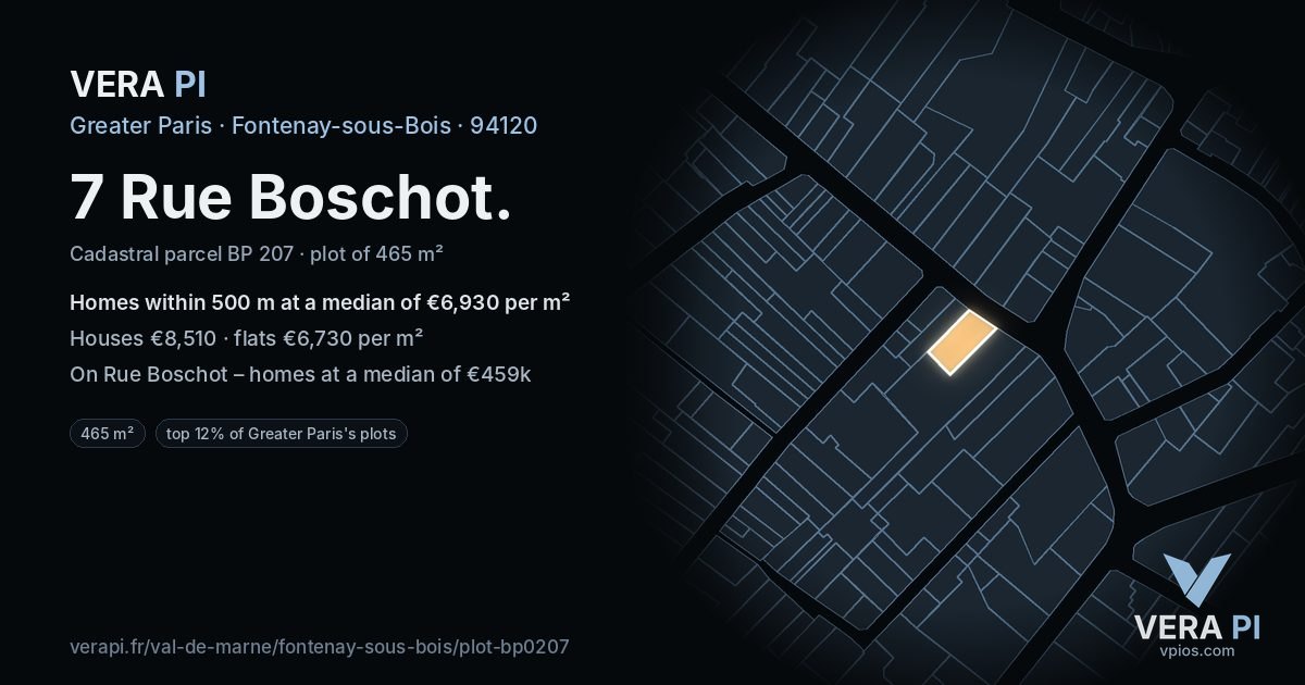 7 Rue Boschot, Fontenay-sous-Bois at night – the plot lit, the parcels around coloured by the prices near them