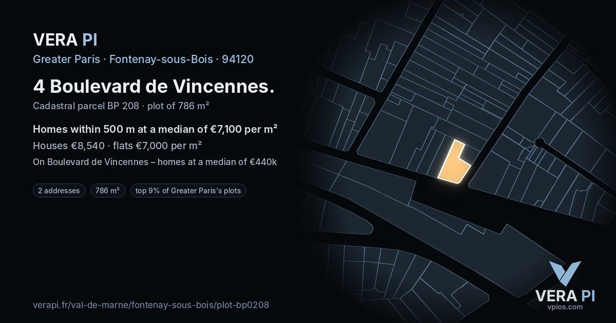 4 Boulevard de Vincennes, Fontenay-sous-Bois at night – the plot lit, the parcels around coloured by the prices near them