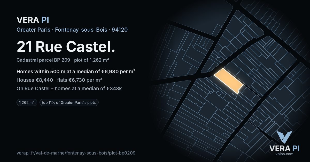 21 Rue Castel, Fontenay-sous-Bois at night – the plot lit, the parcels around coloured by the prices near them