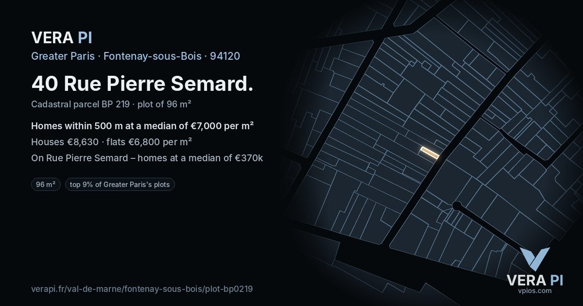 40 Rue Pierre Semard, Fontenay-sous-Bois at night – the plot lit, the parcels around coloured by the prices near them