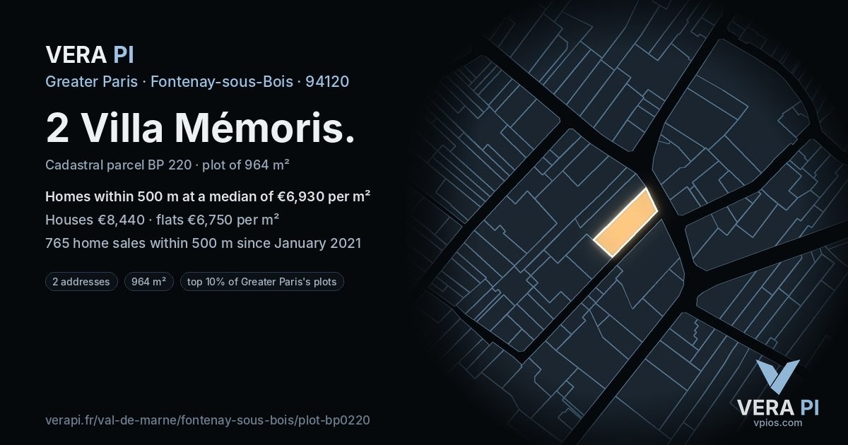 2 Villa Mémoris, Fontenay-sous-Bois at night – the plot lit, the parcels around coloured by the prices near them
