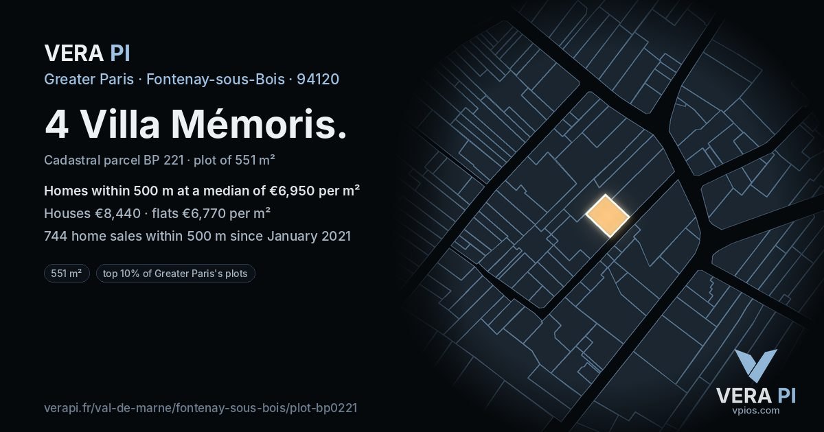 4 Villa Mémoris, Fontenay-sous-Bois at night – the plot lit, the parcels around coloured by the prices near them