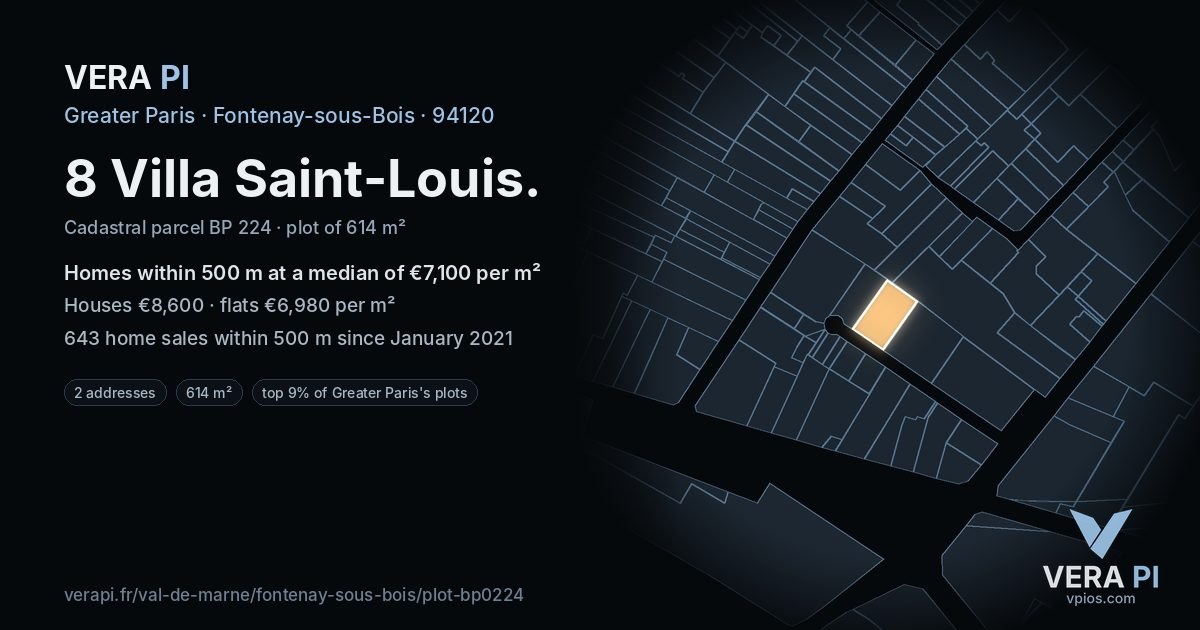 8 Villa Saint-Louis, Fontenay-sous-Bois at night – the plot lit, the parcels around coloured by the prices near them