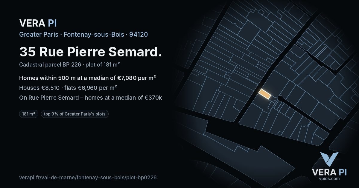 35 Rue Pierre Semard, Fontenay-sous-Bois at night – the plot lit, the parcels around coloured by the prices near them