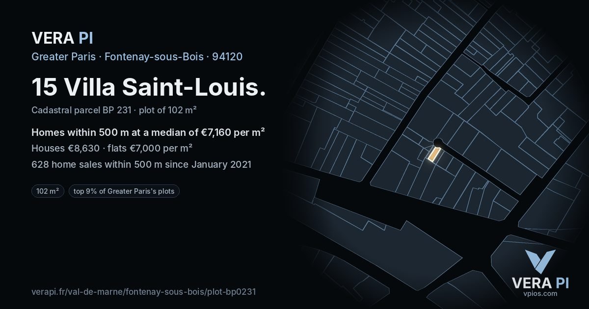 15 Villa Saint-Louis, Fontenay-sous-Bois at night – the plot lit, the parcels around coloured by the prices near them