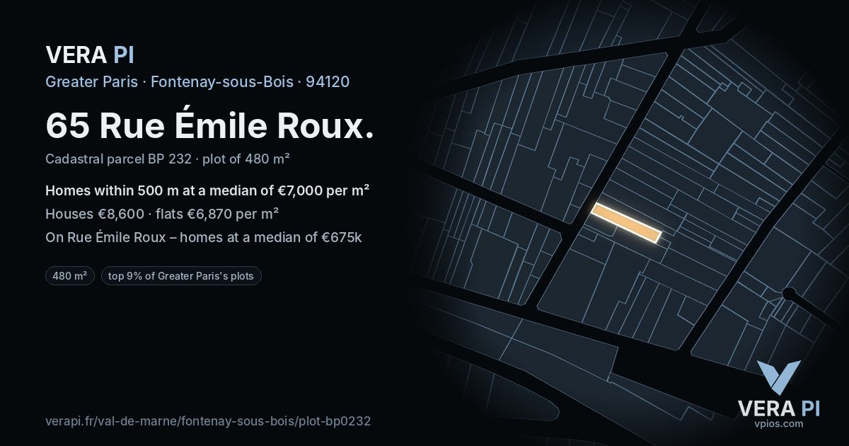 65 Rue Émile Roux, Fontenay-sous-Bois at night – the plot lit, the parcels around coloured by the prices near them