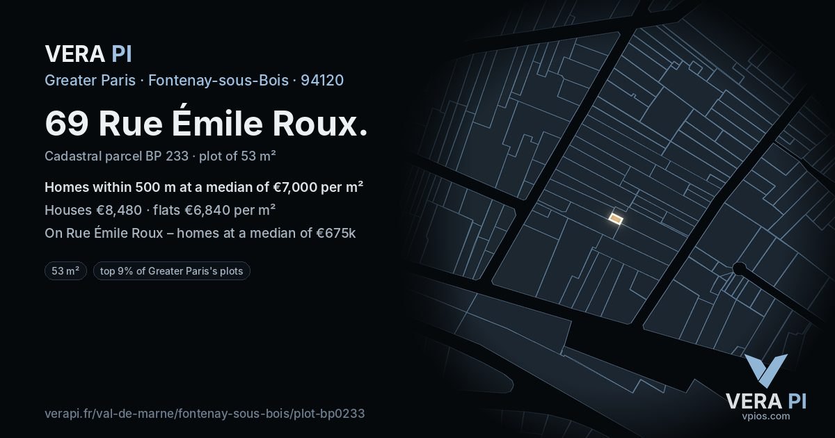 69 Rue Émile Roux, Fontenay-sous-Bois at night – the plot lit, the parcels around coloured by the prices near them