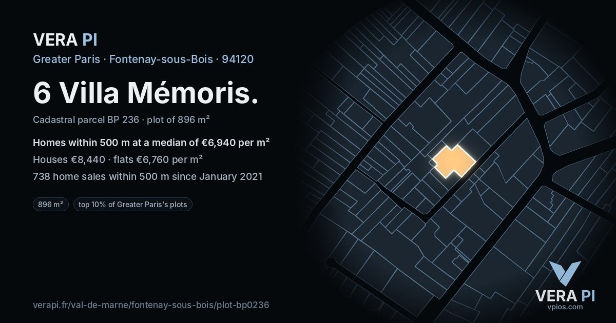 6 Villa Mémoris, Fontenay-sous-Bois at night – the plot lit, the parcels around coloured by the prices near them