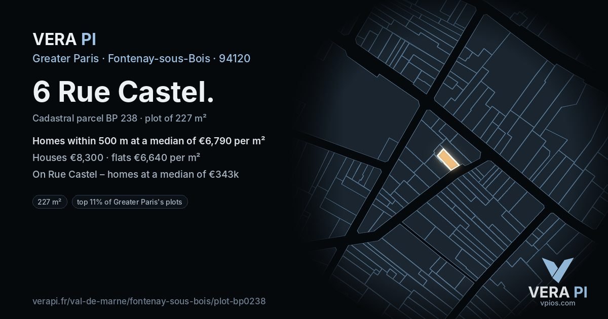 6 Rue Castel, Fontenay-sous-Bois at night – the plot lit, the parcels around coloured by the prices near them