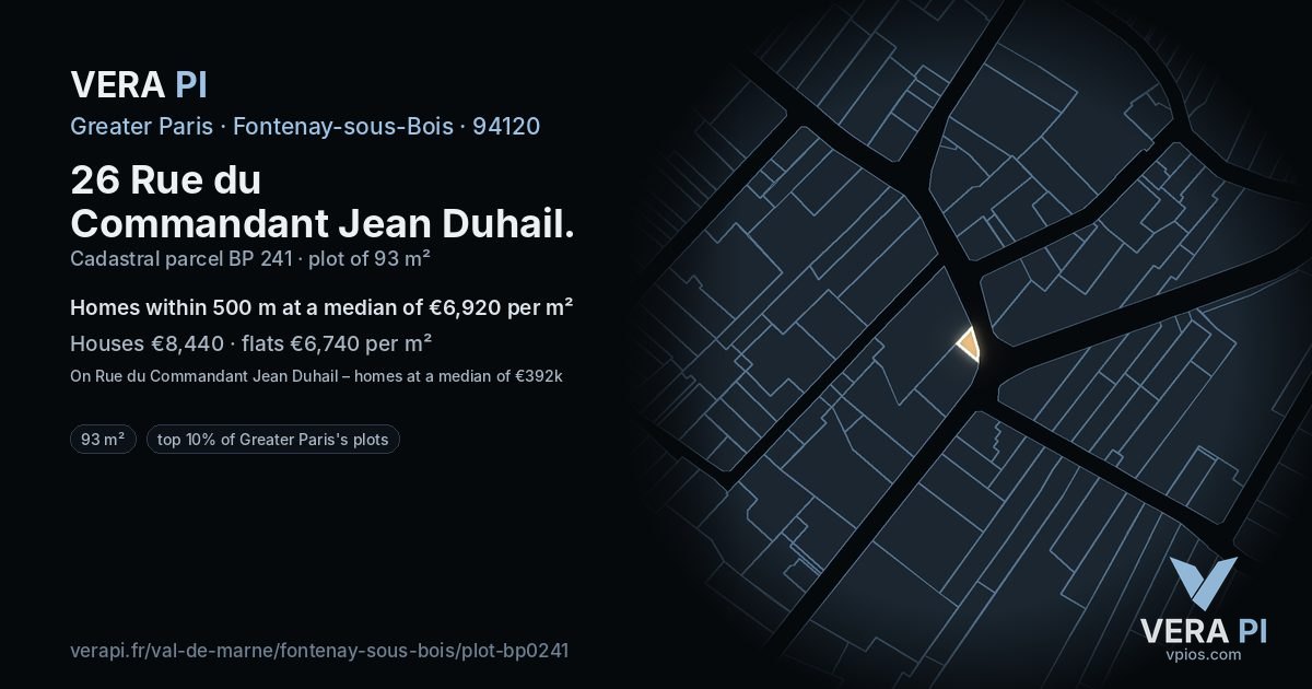 26 Rue du Commandant Jean Duhail, Fontenay-sous-Bois at night – the plot lit, the parcels around coloured by the prices near them