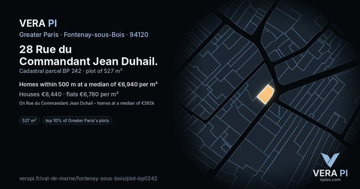 28 Rue du Commandant Jean Duhail, Fontenay-sous-Bois at night – the plot lit, the parcels around coloured by the prices near them