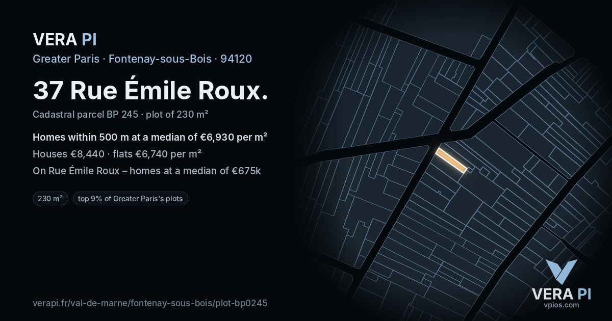 37 Rue Émile Roux, Fontenay-sous-Bois at night – the plot lit, the parcels around coloured by the prices near them