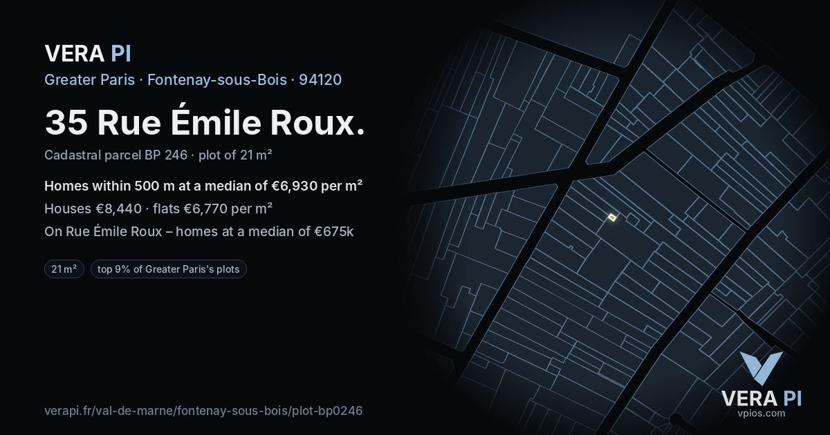 35 Rue Émile Roux, Fontenay-sous-Bois at night – the plot lit, the parcels around coloured by the prices near them