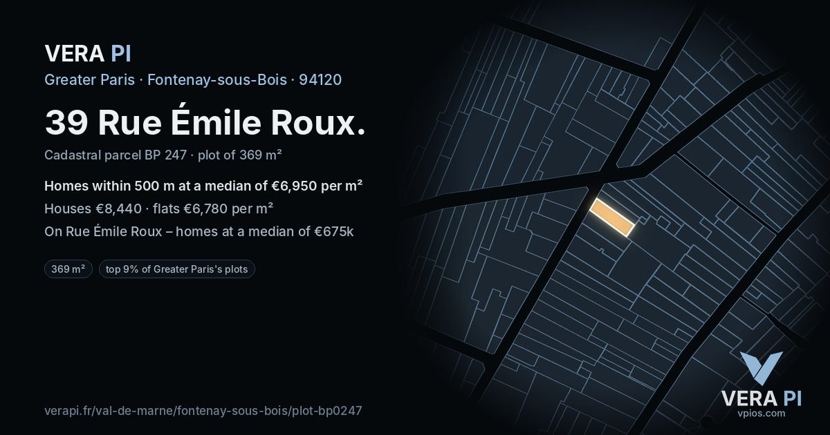 39 Rue Émile Roux, Fontenay-sous-Bois at night – the plot lit, the parcels around coloured by the prices near them