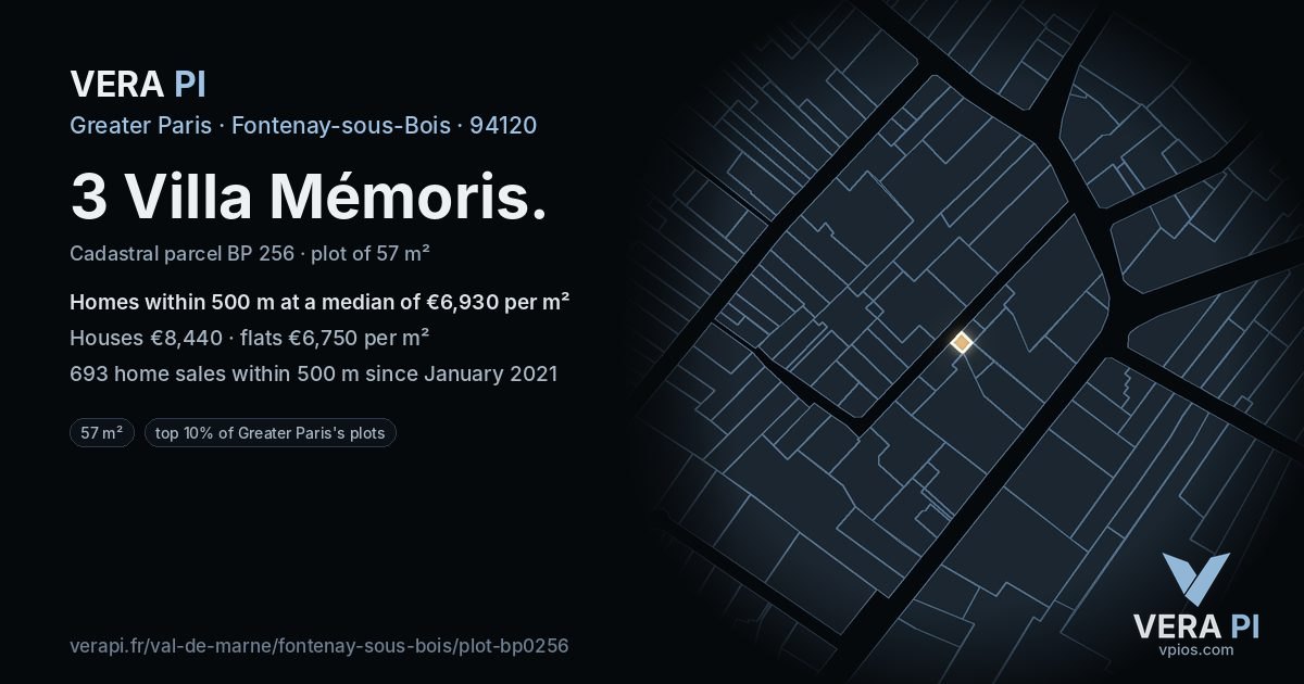 3 Villa Mémoris, Fontenay-sous-Bois at night – the plot lit, the parcels around coloured by the prices near them