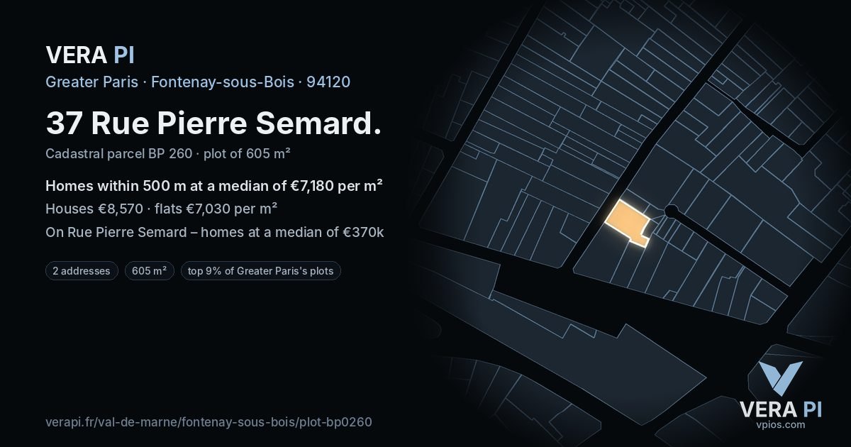 37 Rue Pierre Semard, Fontenay-sous-Bois at night – the plot lit, the parcels around coloured by the prices near them