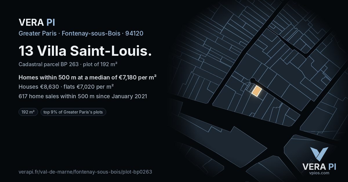 13 Villa Saint-Louis, Fontenay-sous-Bois at night – the plot lit, the parcels around coloured by the prices near them