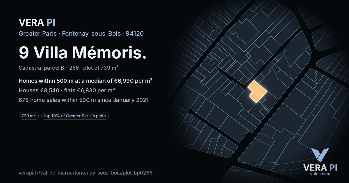 9 Villa Mémoris, Fontenay-sous-Bois at night – the plot lit, the parcels around coloured by the prices near them